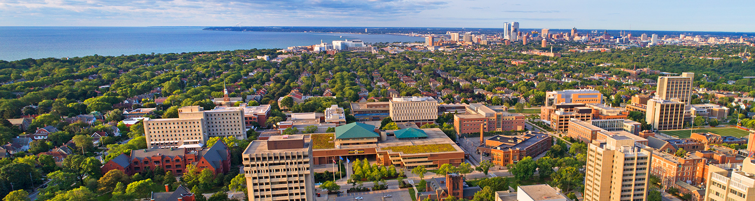 Aerial of UWM campus with Milwaukee in background